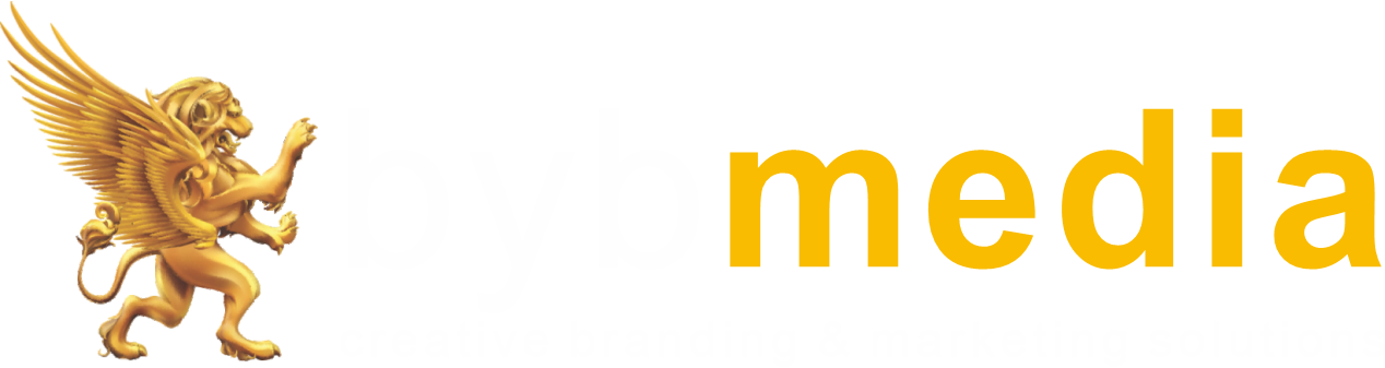 byb media logo golden yellow lion with wings outstretched is showcasing byb media